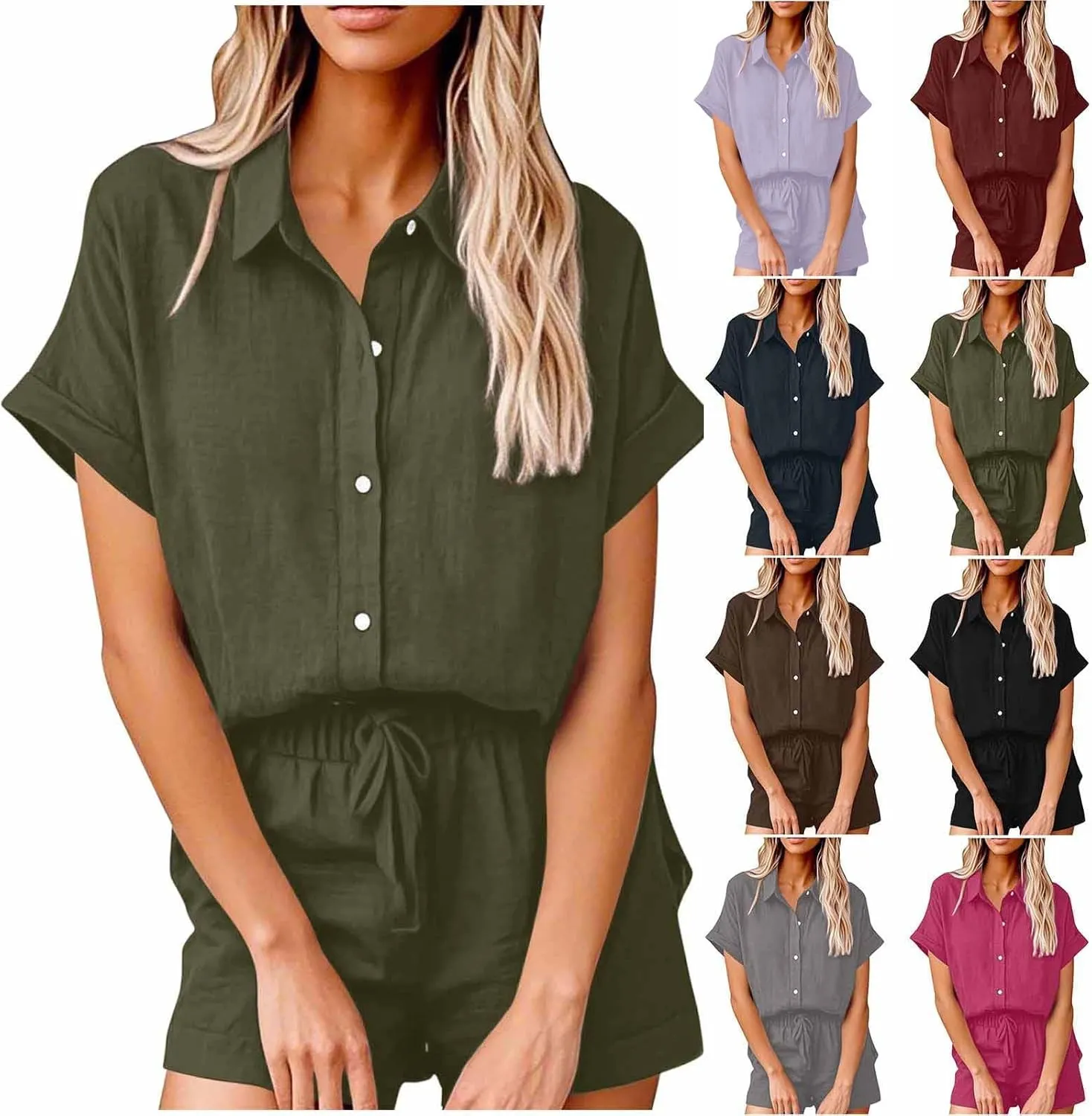 Women Linen Cotton Short Sets 2 Piece Outfits Button Down Short Sleeve Shirt Dressy Casual Summer Loungewear