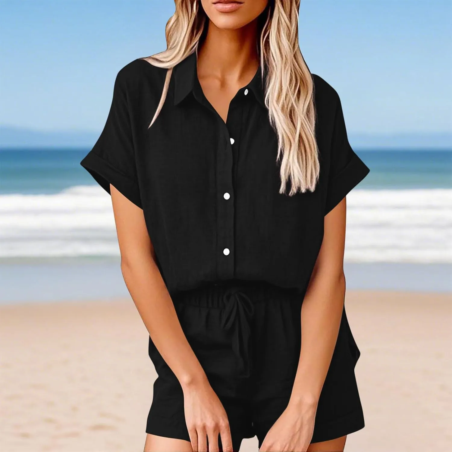 Women Linen Cotton Short Sets 2 Piece Outfits Button Down Short Sleeve Shirt Dressy Casual Summer Loungewear