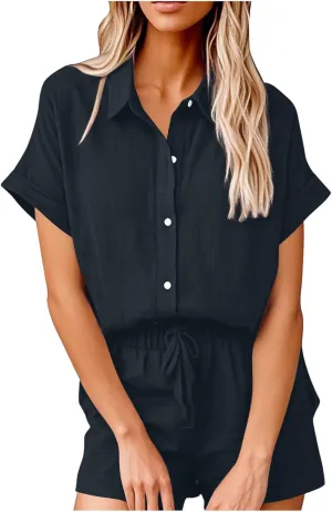 Women Linen Cotton Short Sets 2 Piece Outfits Button Down Short Sleeve Shirt Dressy Casual Summer Loungewear