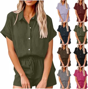 Women Linen Cotton Short Sets 2 Piece Outfits Button Down Short Sleeve Shirt Dressy Casual Summer Loungewear