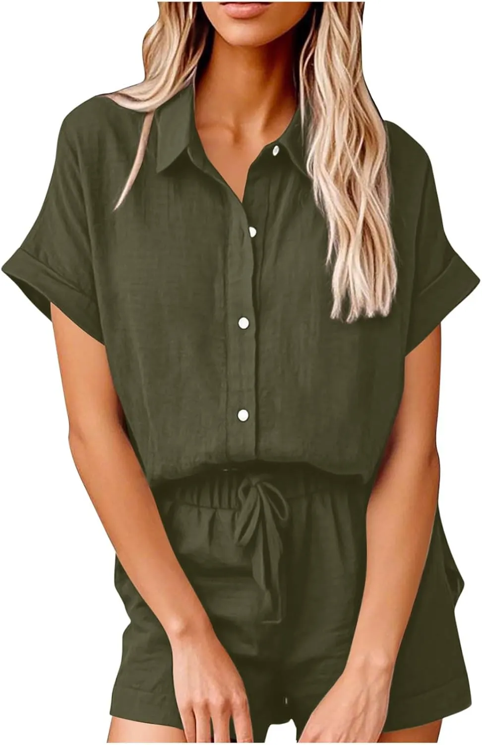 Women Linen Cotton Short Sets 2 Piece Outfits Button Down Short Sleeve Shirt Dressy Casual Summer Loungewear