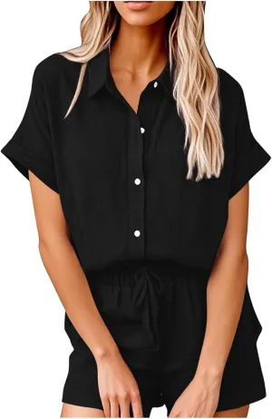Women Linen Cotton Short Sets 2 Piece Outfits Button Down Short Sleeve Shirt Dressy Casual Summer Loungewear