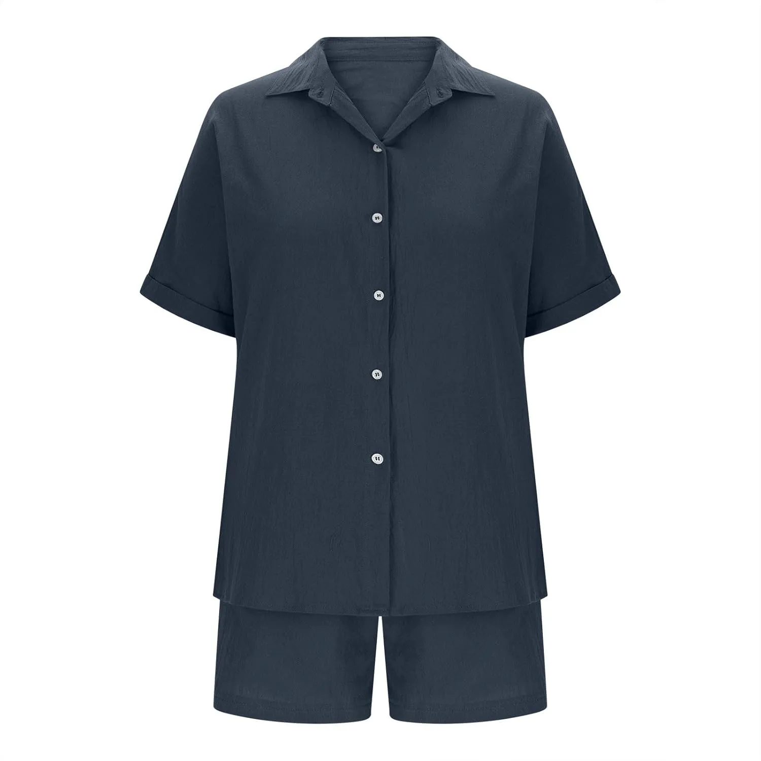 Women Linen Cotton Short Sets 2 Piece Outfits Button Down Short Sleeve Shirt Dressy Casual Summer Loungewear