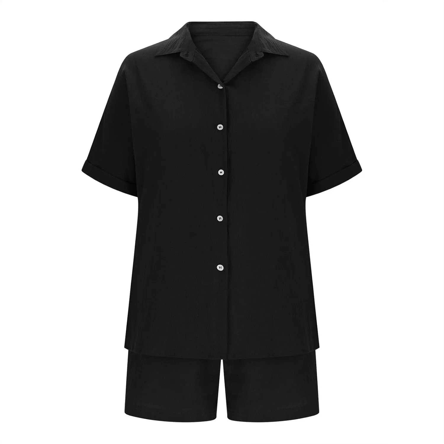 Women Linen Cotton Short Sets 2 Piece Outfits Button Down Short Sleeve Shirt Dressy Casual Summer Loungewear