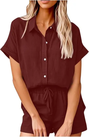 Women Linen Cotton Short Sets 2 Piece Outfits Button Down Short Sleeve Shirt Dressy Casual Summer Loungewear