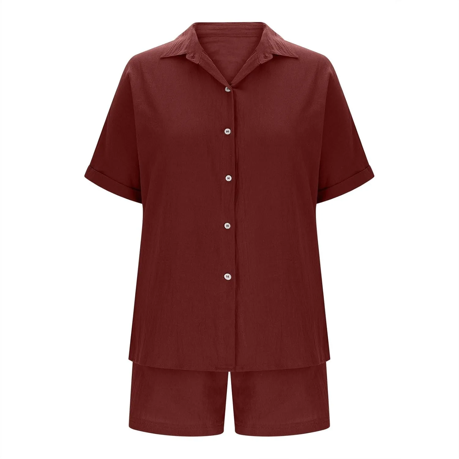 Women Linen Cotton Short Sets 2 Piece Outfits Button Down Short Sleeve Shirt Dressy Casual Summer Loungewear
