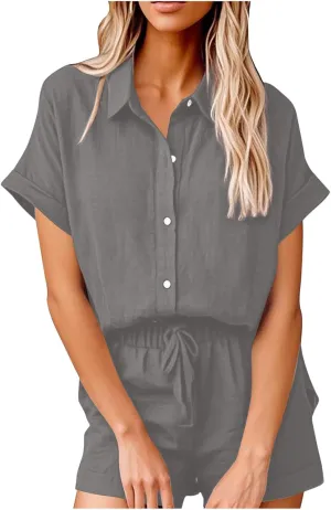 Women Linen Cotton Short Sets 2 Piece Outfits Button Down Short Sleeve Shirt Dressy Casual Summer Loungewear