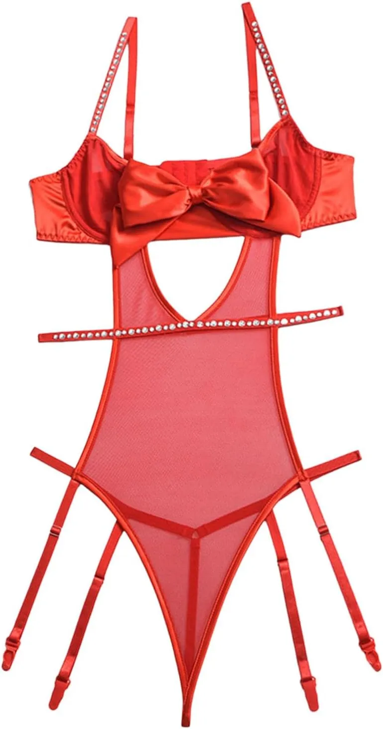 Women Lingerie Set Teddy Lingerie Floral Self Knot Front Strappy Sleepwear