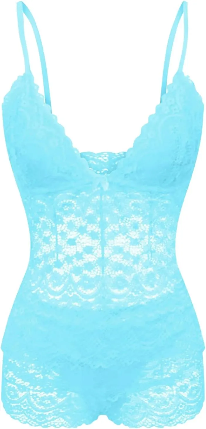 Women Lingerie Strappy Nightwear 2 Pieces Set Lace Babydoll Adjustable Strappy Bodysuit Costume Set