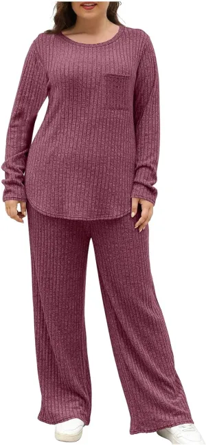 Women Lounge Pajamas Sets 2 Piece Ribbed Knit Long Sleeve Top Pants Loungewear Set 2025 Fall Casual Matching Outfits