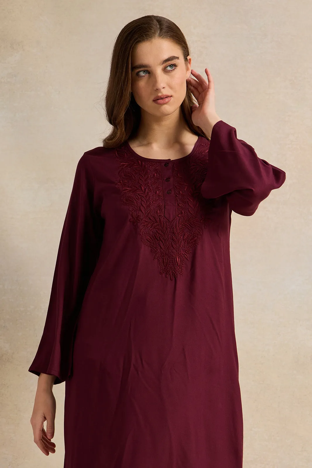 Women Maroon With Neck Embroidery Full Sleeve Nightgown