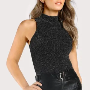 Women Neck Ribbed Glitter Tank Top