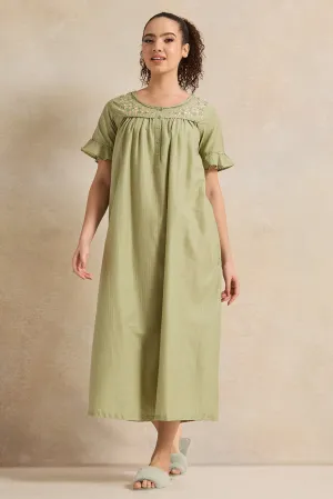 Women Olive With Neck Detail Nightgown