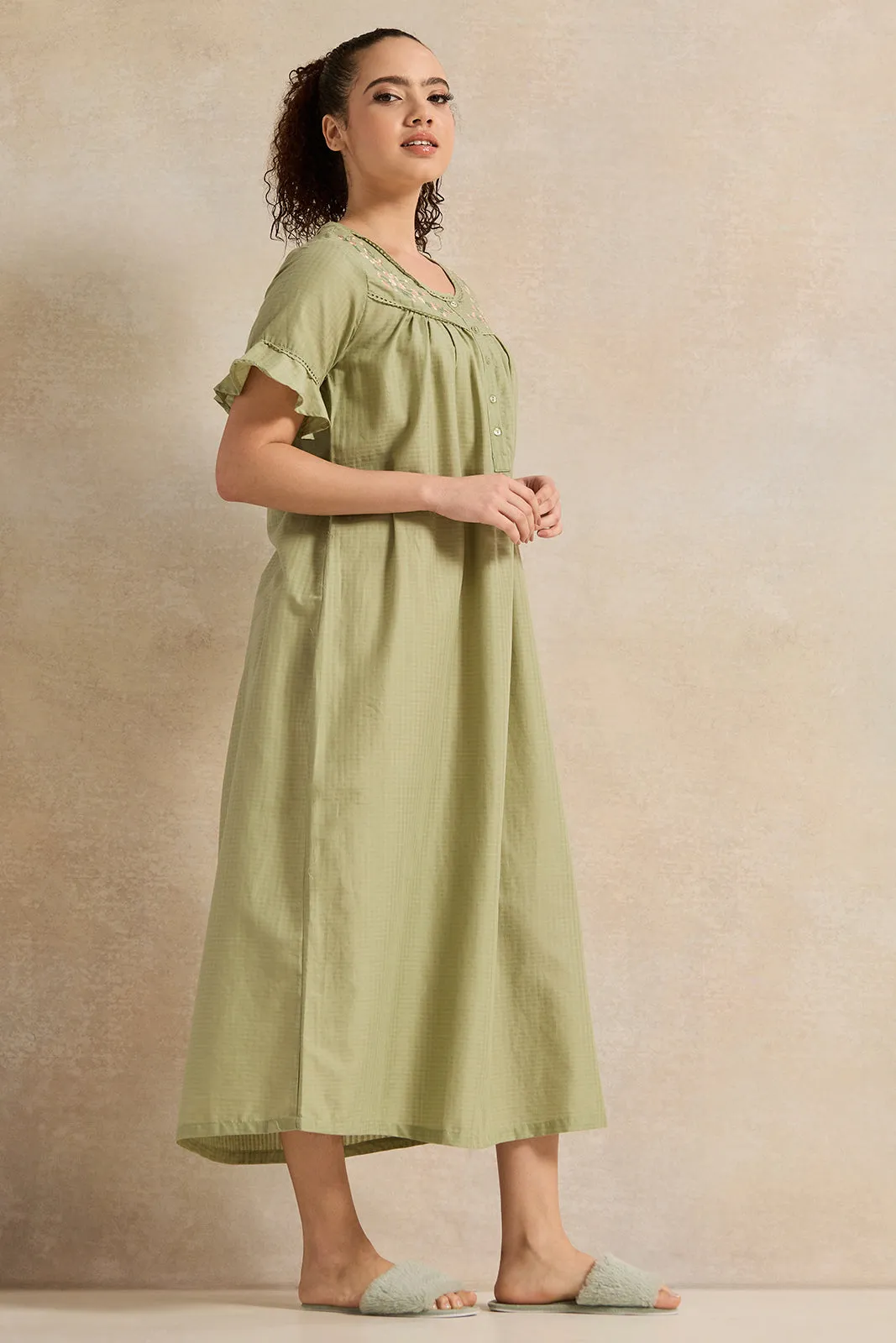 Women Olive With Neck Detail Nightgown