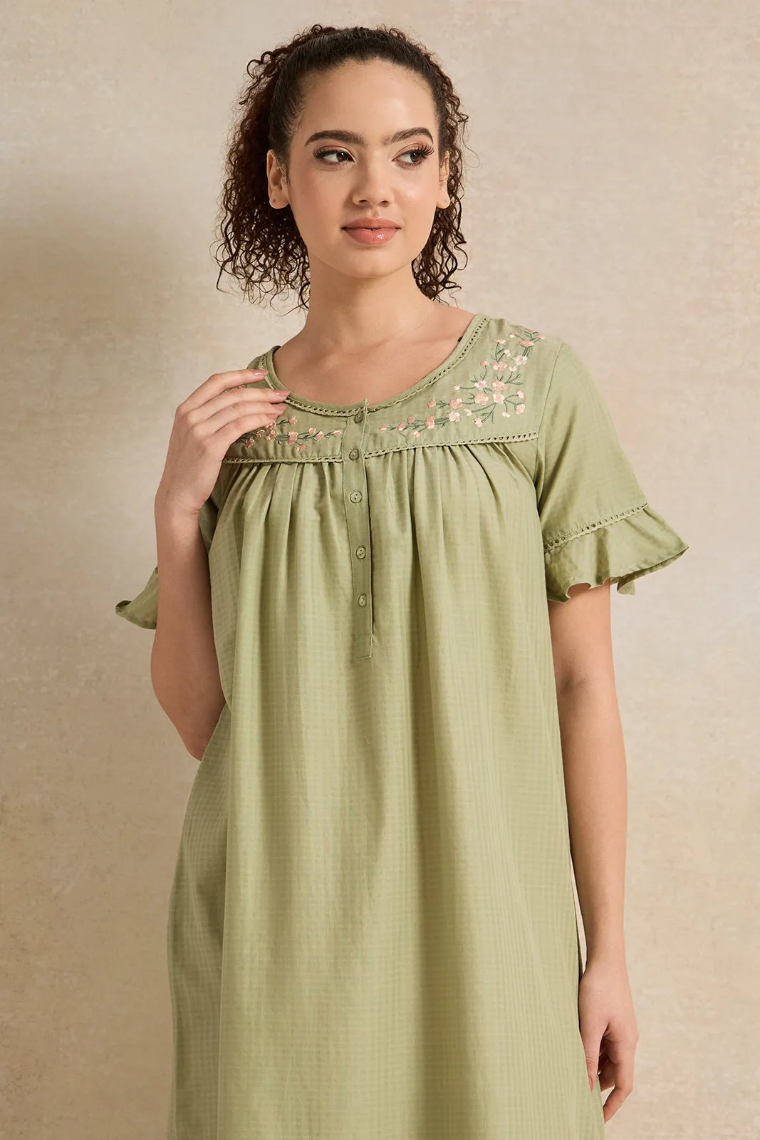 Women Olive With Neck Detail Nightgown