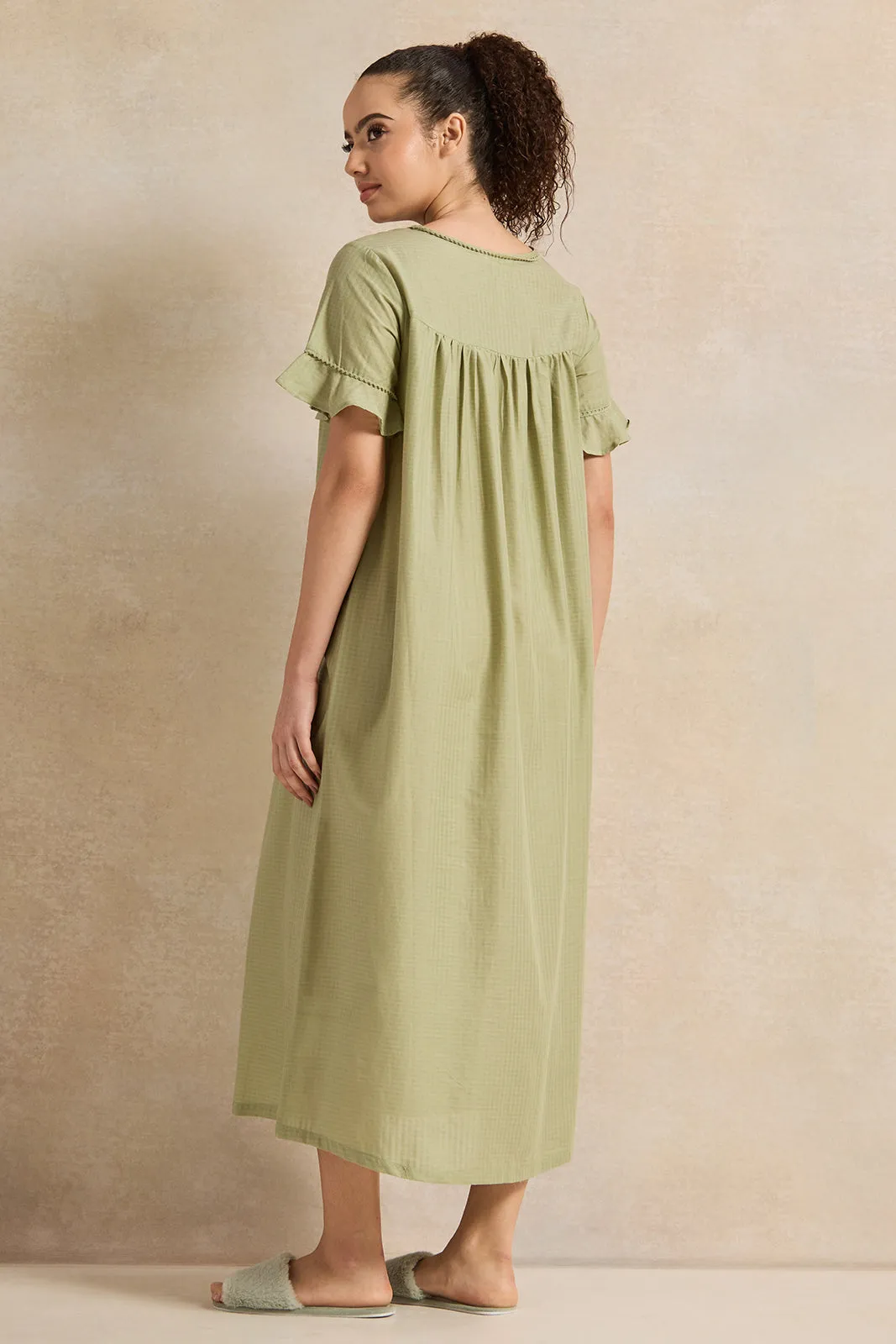 Women Olive With Neck Detail Nightgown