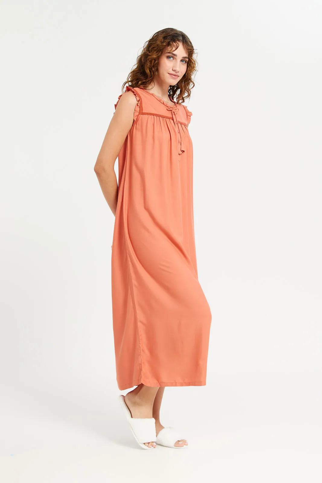 Women Orange Embellished Sleeveless Nightgown