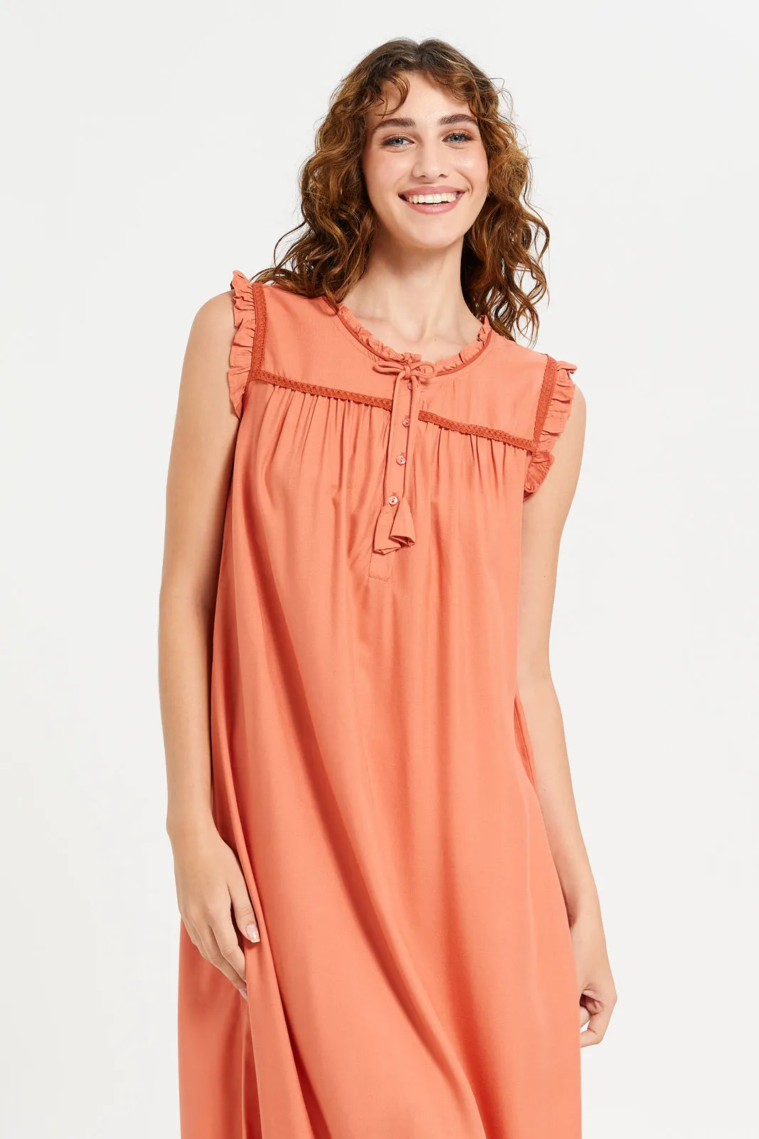 Women Orange Embellished Sleeveless Nightgown