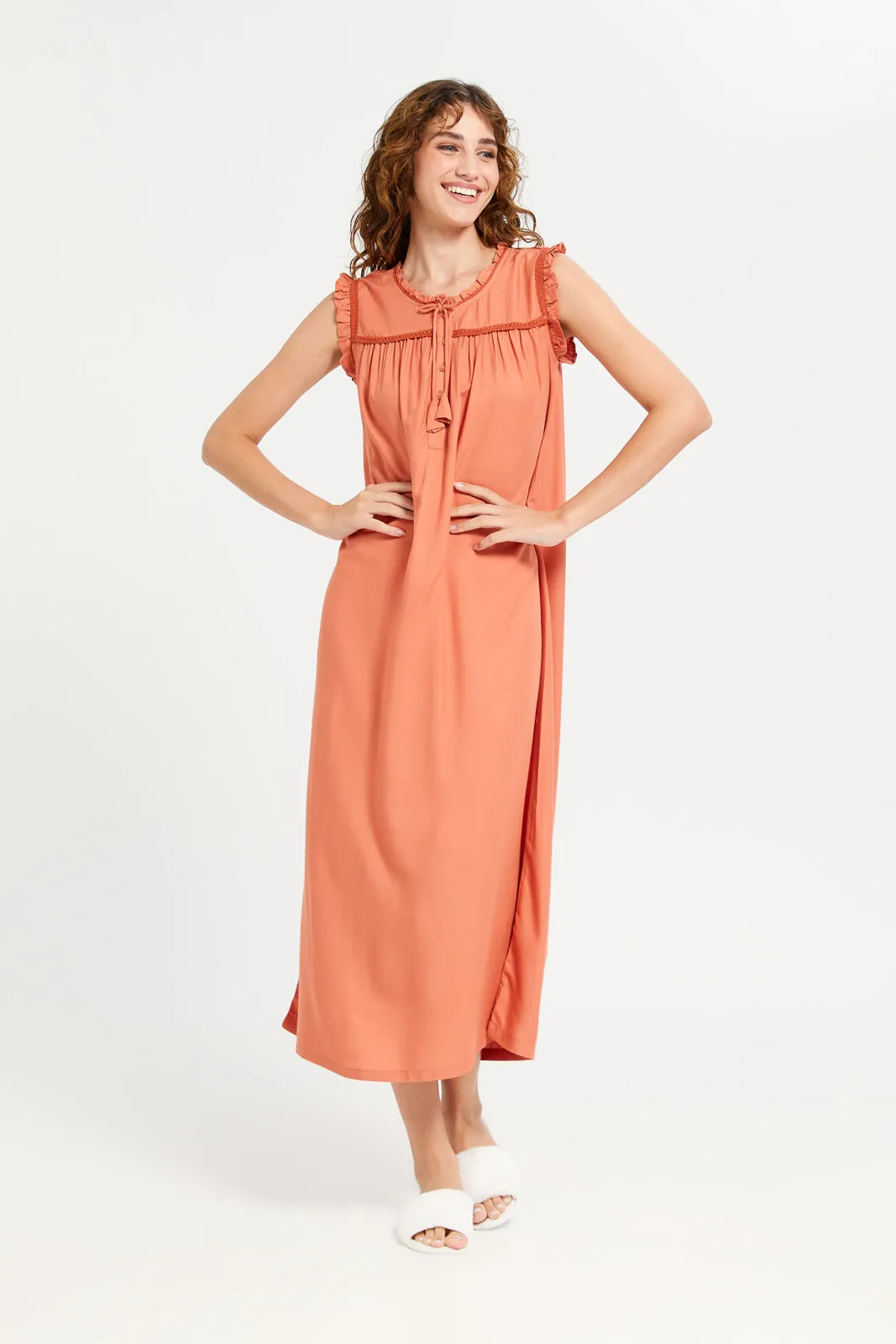 Women Orange Embellished Sleeveless Nightgown