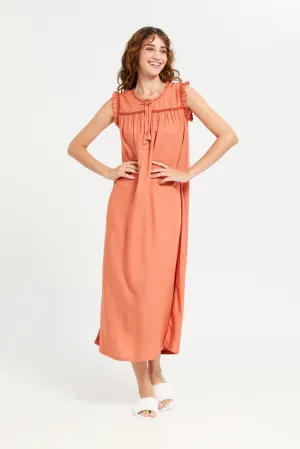 Women Orange Embellished Sleeveless Nightgown