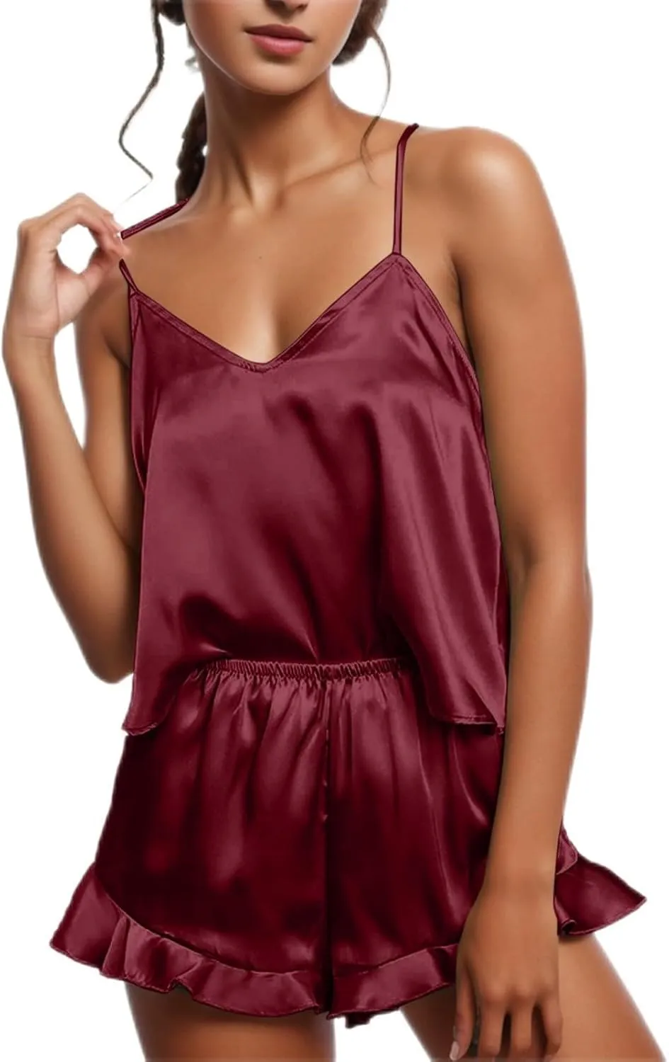 Women Pajama Set Satin Pajamas Silk Sleepwear V Neck Camisole and Short Pants 2pc Sexy Lace Loungewear Nightwear