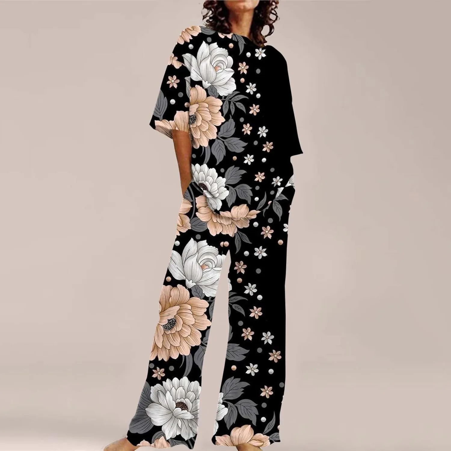 Women Pajamas Print Outfits Cotton Linen Plus Size Comfort Set Oversized O Neck T Shirts Loose Leg Pant Sleepwear