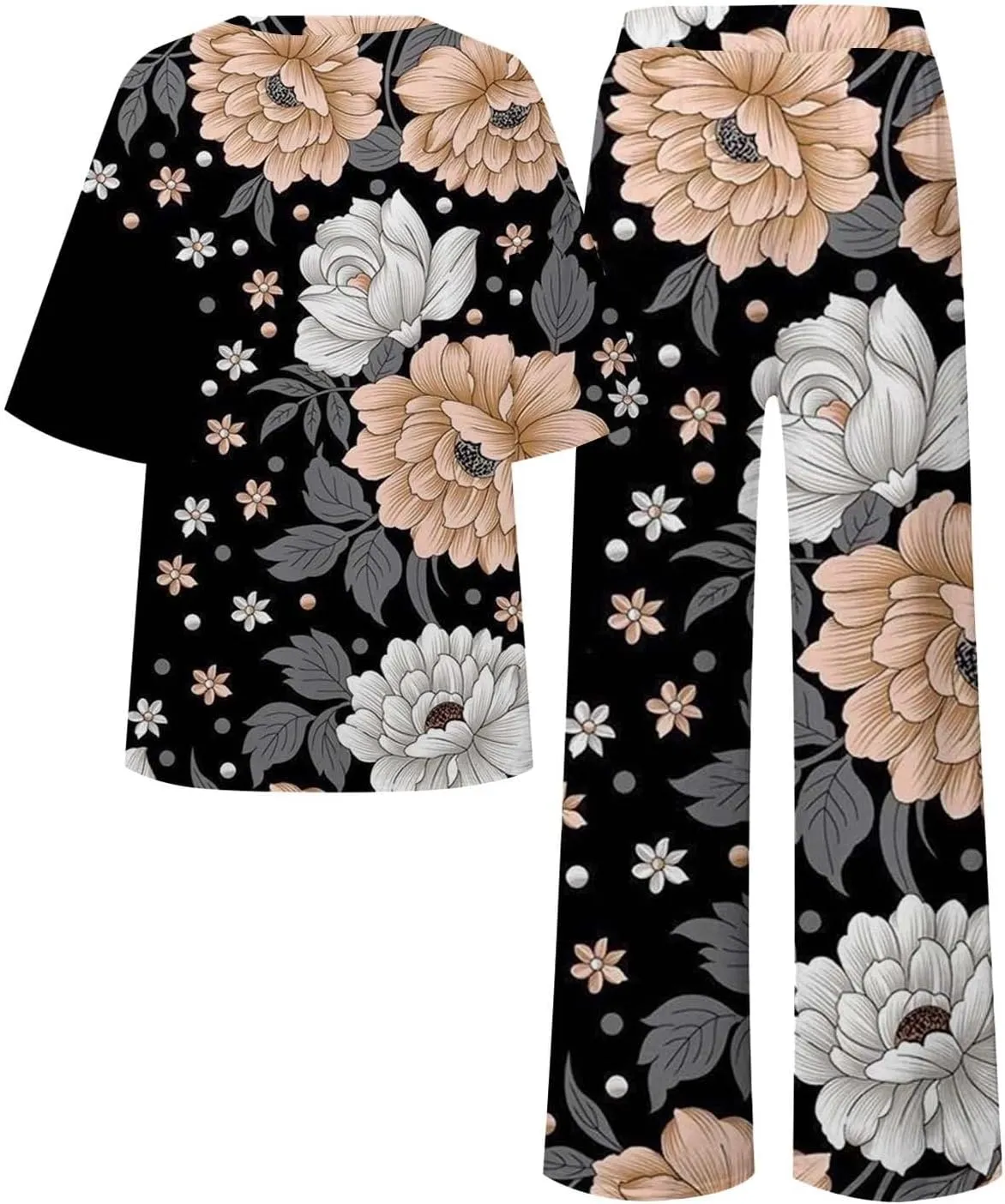 Women Pajamas Print Outfits Cotton Linen Plus Size Comfort Set Oversized O Neck T Shirts Loose Leg Pant Sleepwear