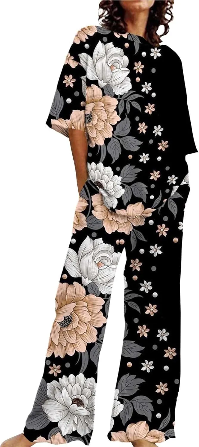 Women Pajamas Print Outfits Cotton Linen Plus Size Comfort Set Oversized O Neck T Shirts Loose Leg Pant Sleepwear