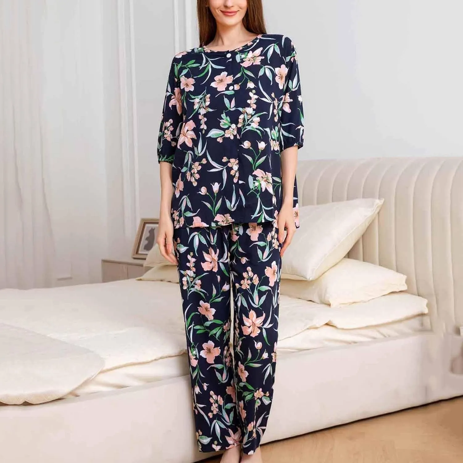 Women Pajamas Set Summer Casual Loose Mid Sleeve Round Neck Floral and Long Lounge Pant 2 Piece Sleepwear Set