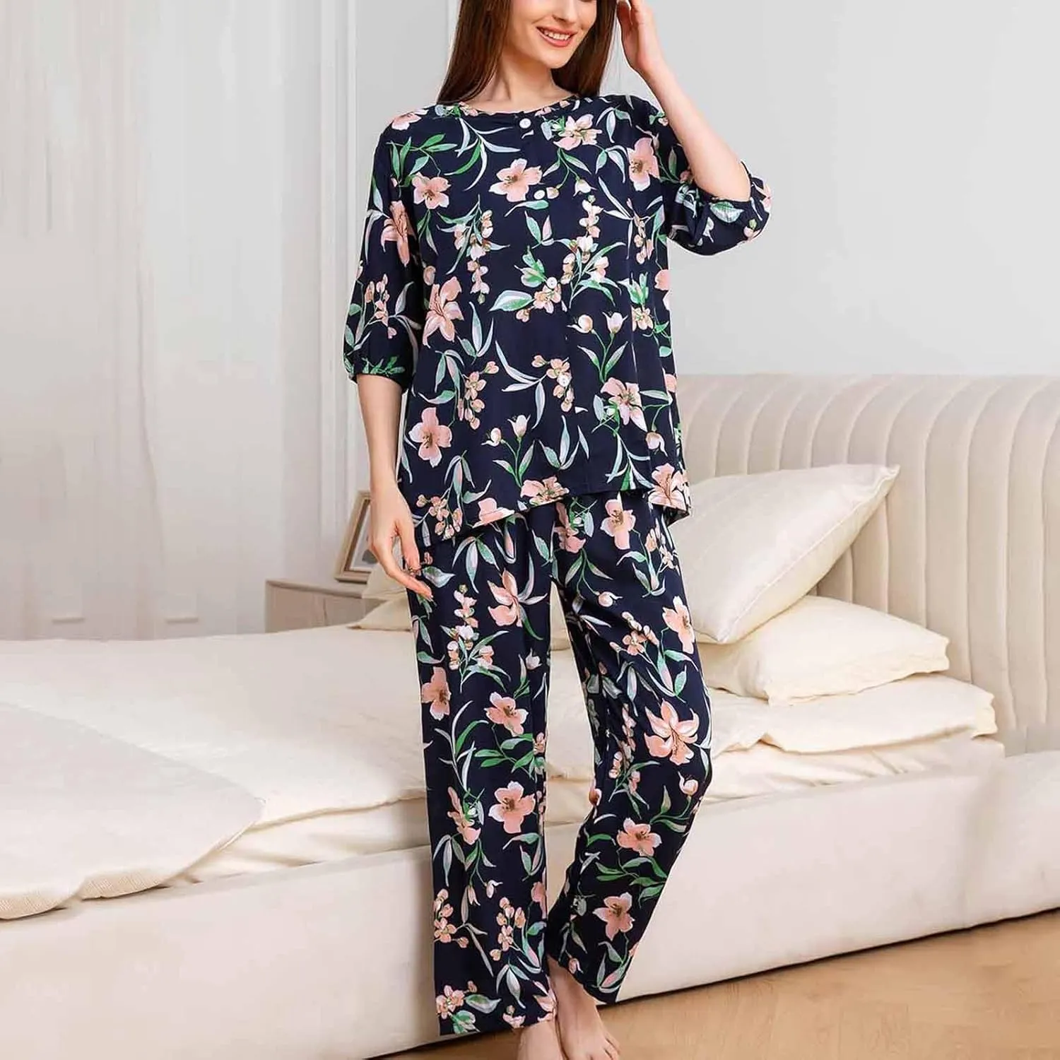 Women Pajamas Set Summer Casual Loose Mid Sleeve Round Neck Floral and Long Lounge Pant 2 Piece Sleepwear Set