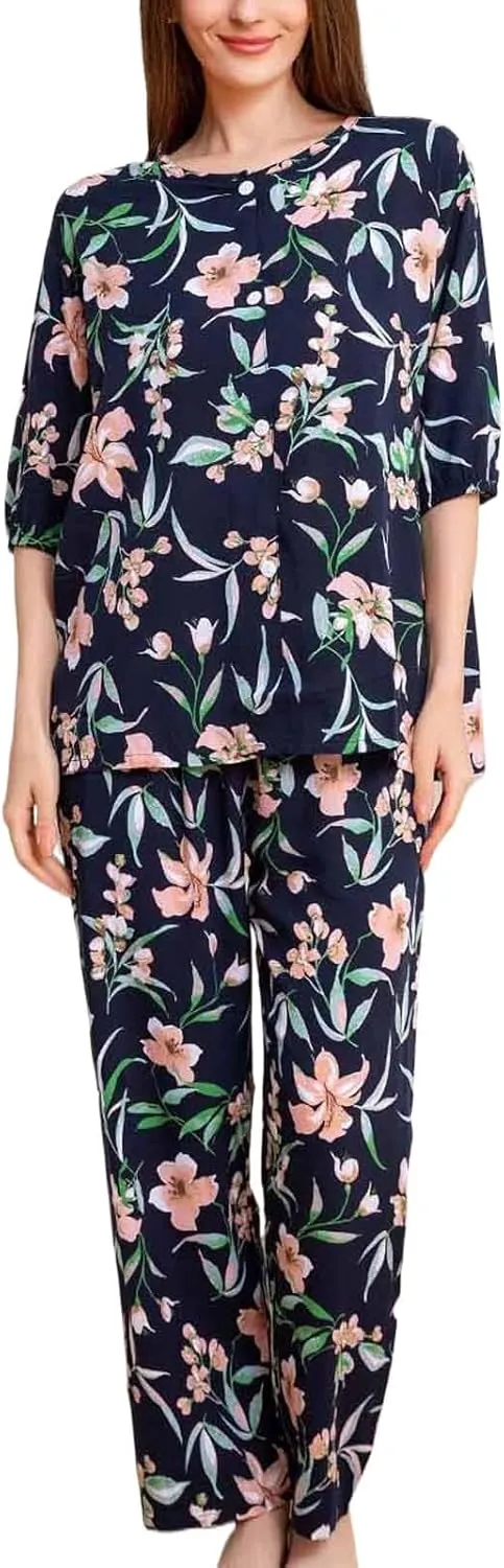 Women Pajamas Set Summer Casual Loose Mid Sleeve Round Neck Floral and Long Lounge Pant 2 Piece Sleepwear Set