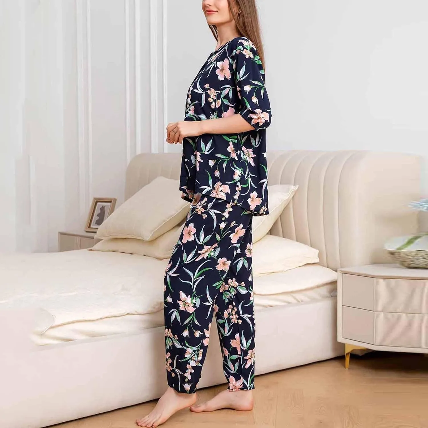 Women Pajamas Set Summer Casual Loose Mid Sleeve Round Neck Floral and Long Lounge Pant 2 Piece Sleepwear Set