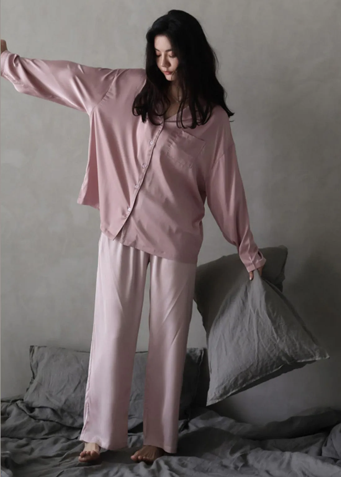 Women Pink Peter Pan Collar Button Cozy Ice Silk Pajamas Two Piece Set Long Sleeve TO1036