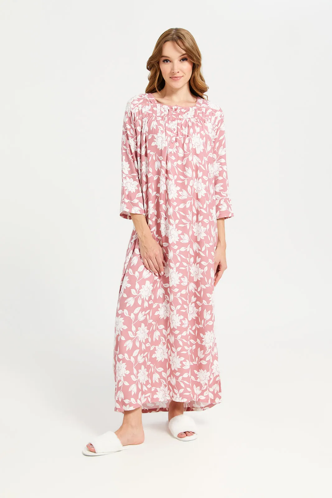 Women Pink Printed Front Frill Nightgown
