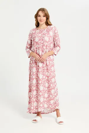 Women Pink Printed Front Frill Nightgown