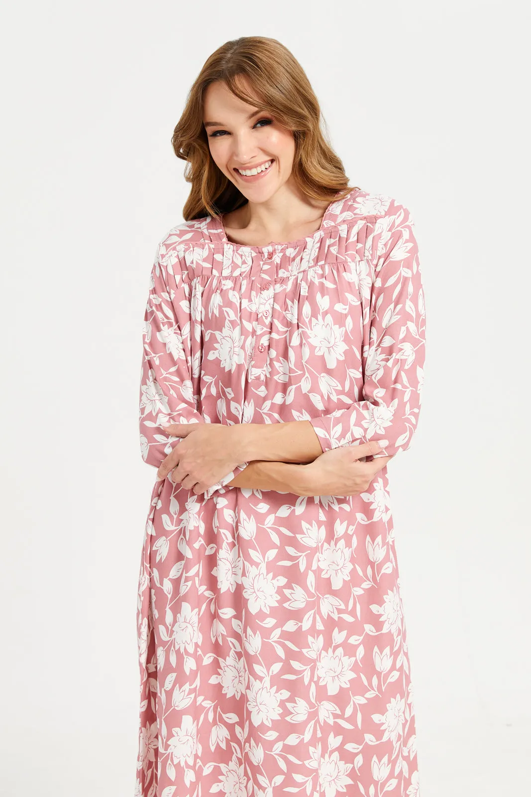 Women Pink Printed Front Frill Nightgown