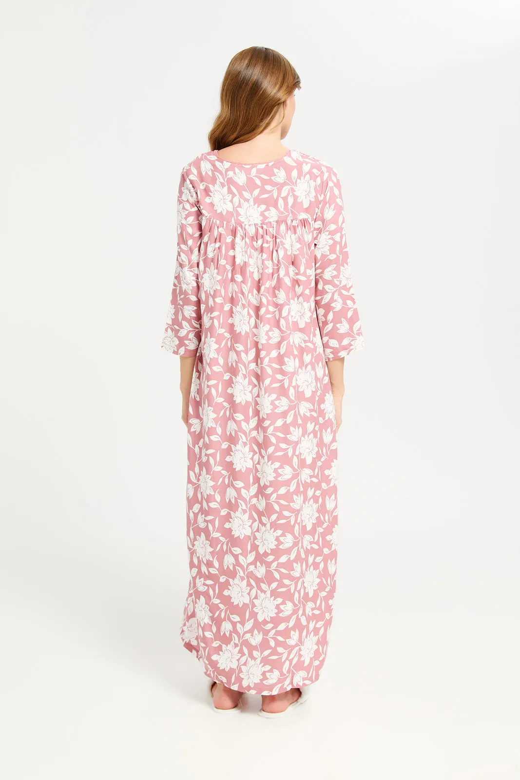 Women Pink Printed Front Frill Nightgown