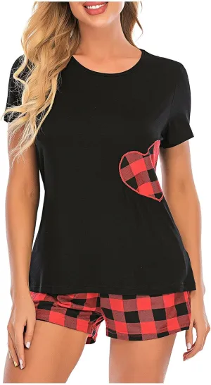 Women Plaid Print Two Piece Pajamas Sets, Short Sleeve Round Neck Pullover Tops, with Soft Comfy Home Shorts Suits