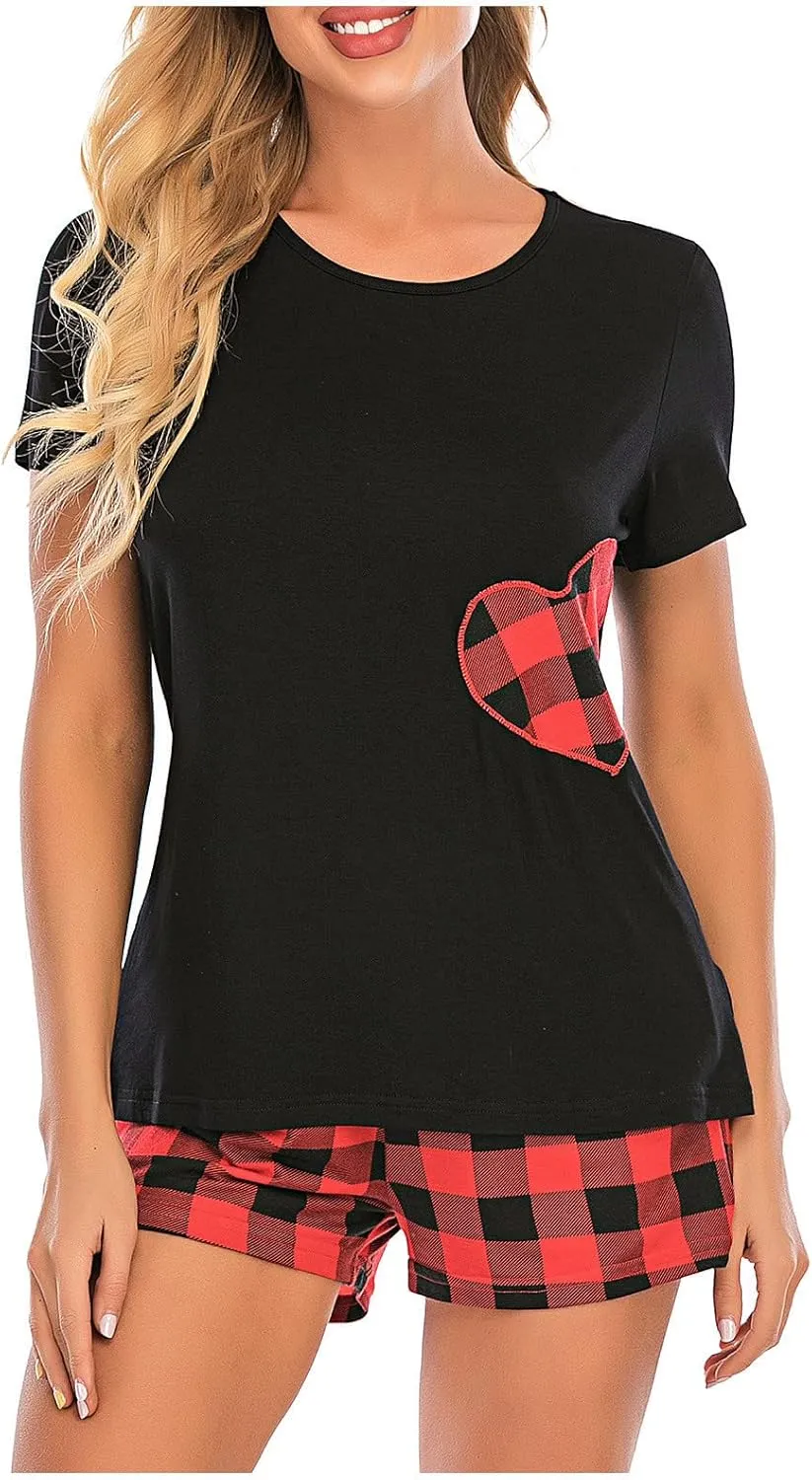 Women Plaid Print Two Piece Pajamas Sets, Short Sleeve Round Neck Pullover Tops, with Soft Comfy Home Shorts Suits