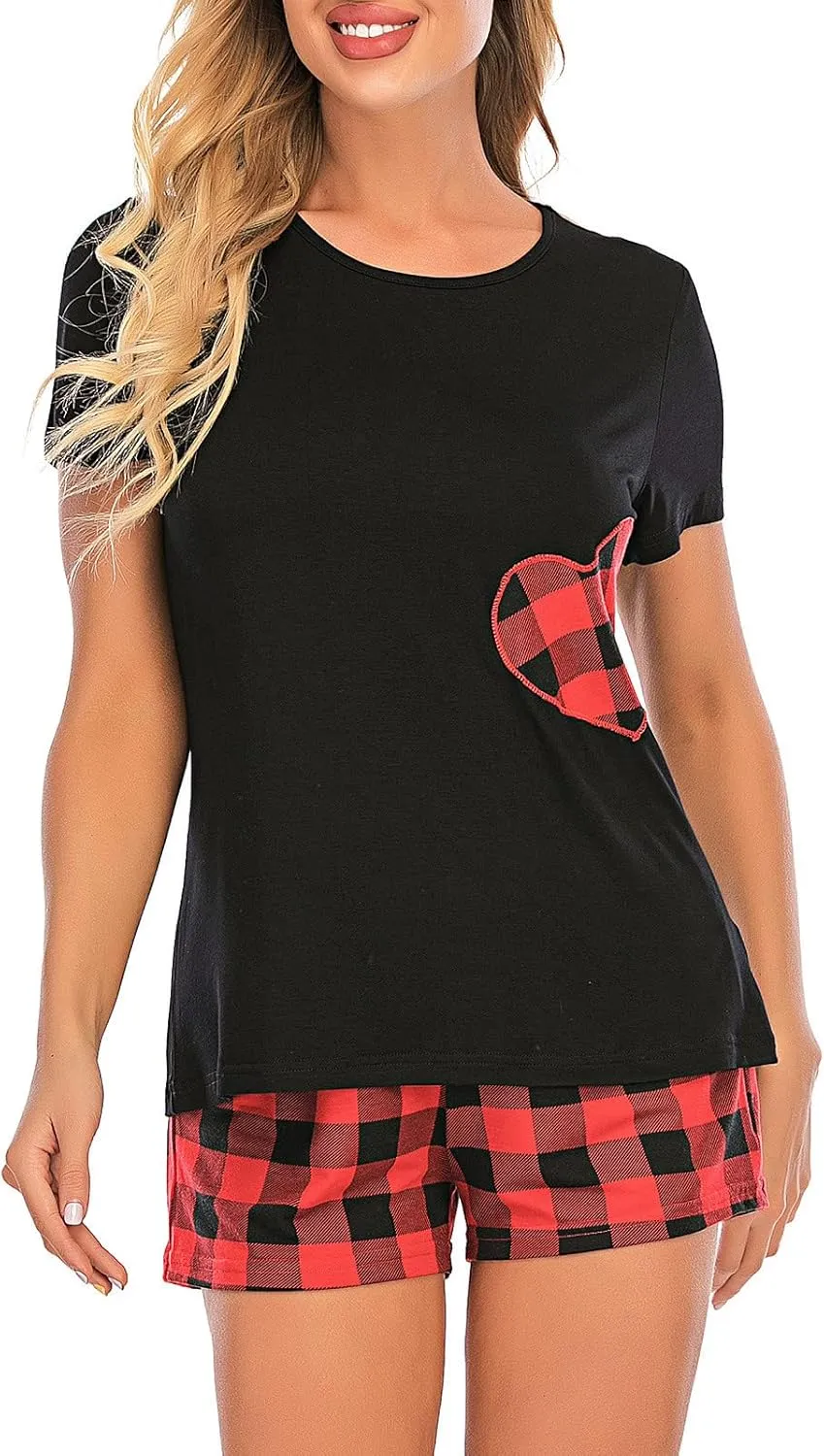 Women Plaid Print Two Piece Pajamas Sets, Short Sleeve Round Neck Pullover Tops, with Soft Comfy Home Shorts Suits