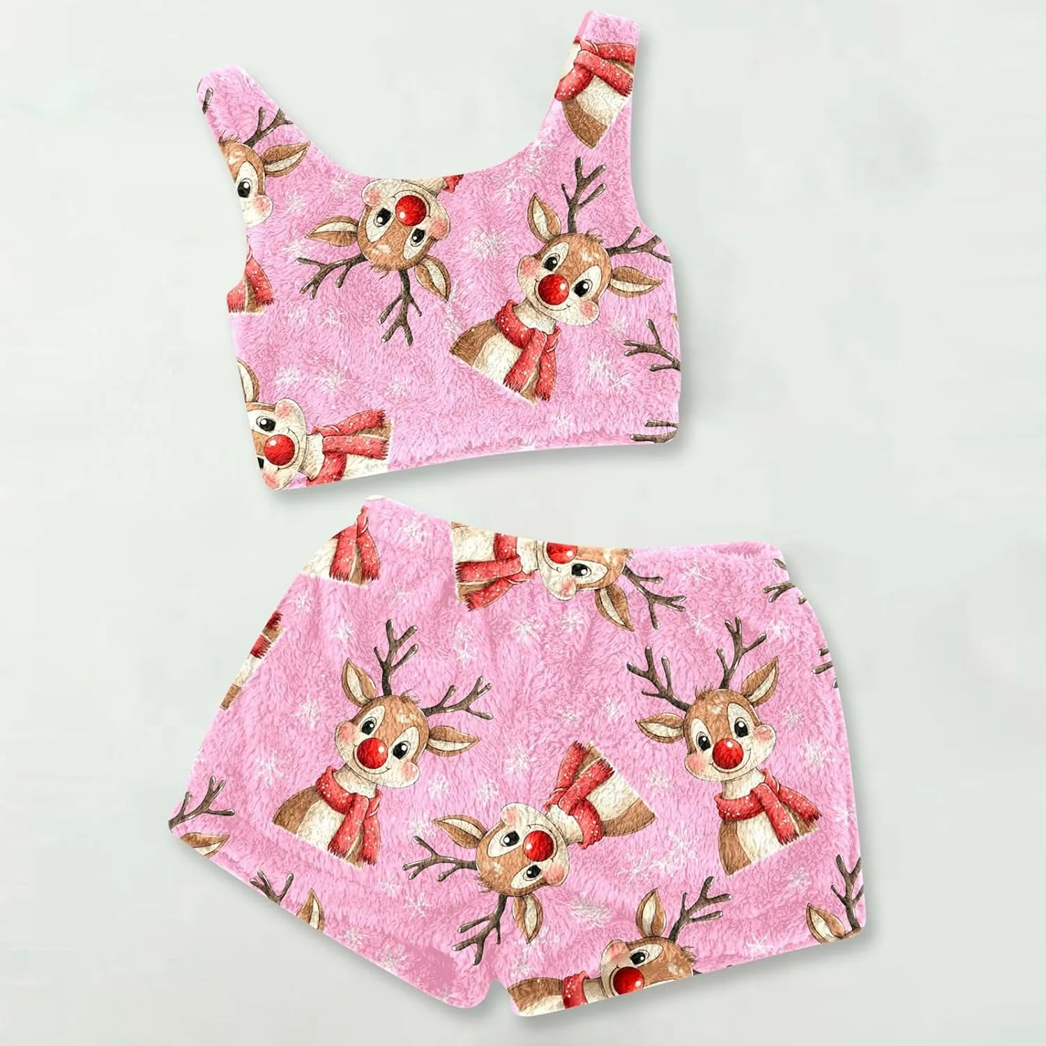 Women Plus Size Christmas Pajamas Set with Shorts,Sexy Soft Deer Print Cropped Tank Sleepwear Nightwear Pjs Lounge Sets