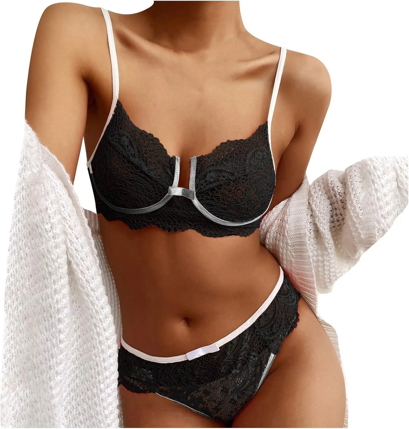 Women Plus Size Lingerie Corset Lace Floral Bralette Bra Two Piece Sexy Ladies Pajamas Heart Pajamas Kawaii Pajamas Black