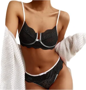 Women Plus Size Lingerie Corset Lace Floral Bralette Bra Two Piece Sexy Ladies Pajamas Heart Pajamas Kawaii Pajamas Black