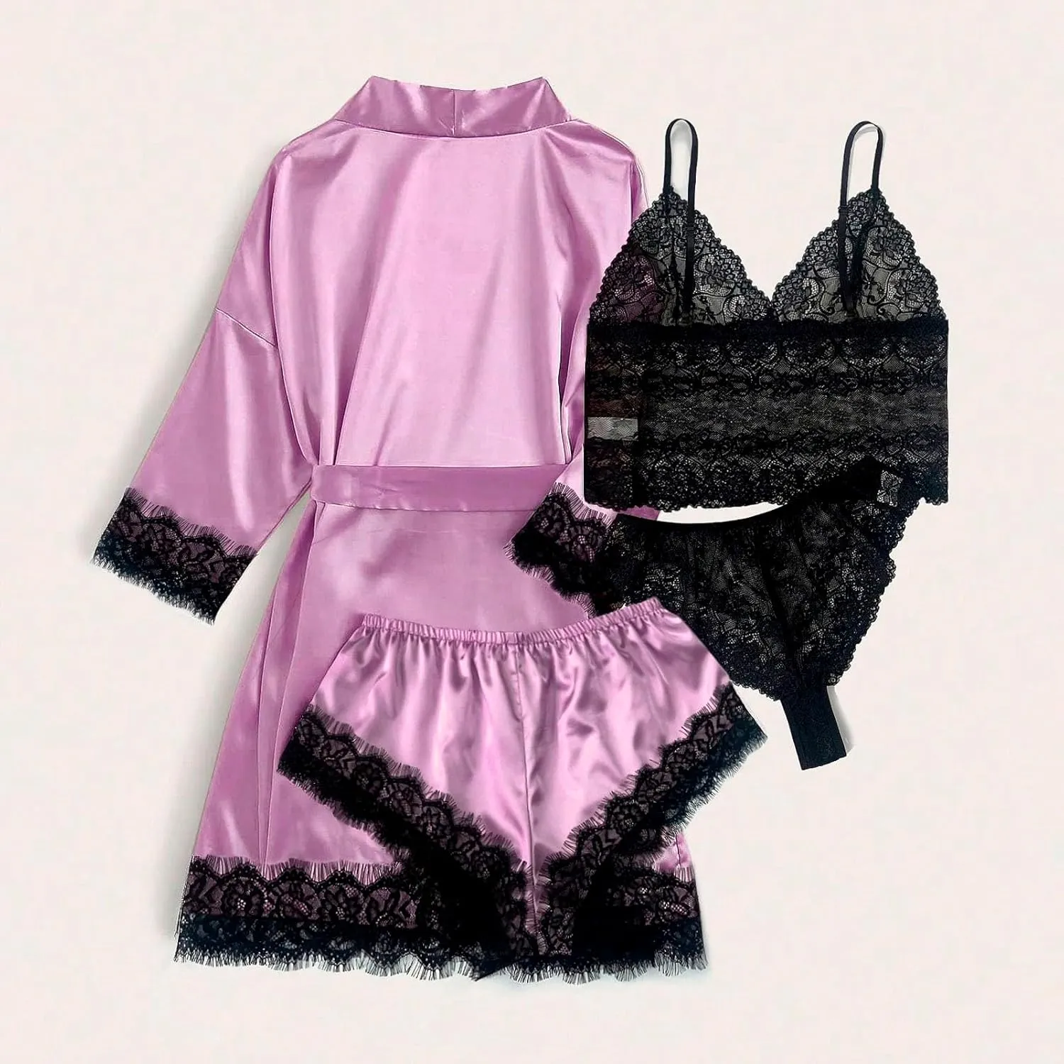 Women Plus Size Pajamas Set with Shorts,Sexy Soft Lace Cami Thongs Shorts Robe 4pack Sleepwear Nightwear Pjs Lounge Sets