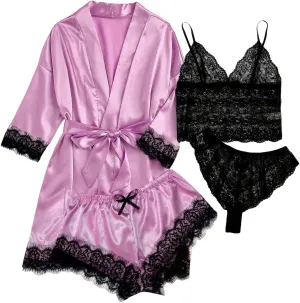 Women Plus Size Pajamas Set with Shorts,Sexy Soft Lace Cami Thongs Shorts Robe 4pack Sleepwear Nightwear Pjs Lounge Sets