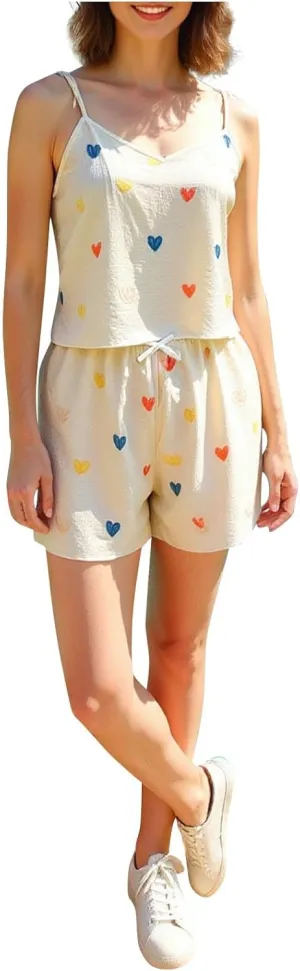 Women Rainbow Love Print Pajama Sets Cute 2 Piece Lounge Outfit Tie Shoulder Strap Crop Cami Tops & Shorts Sleepwear