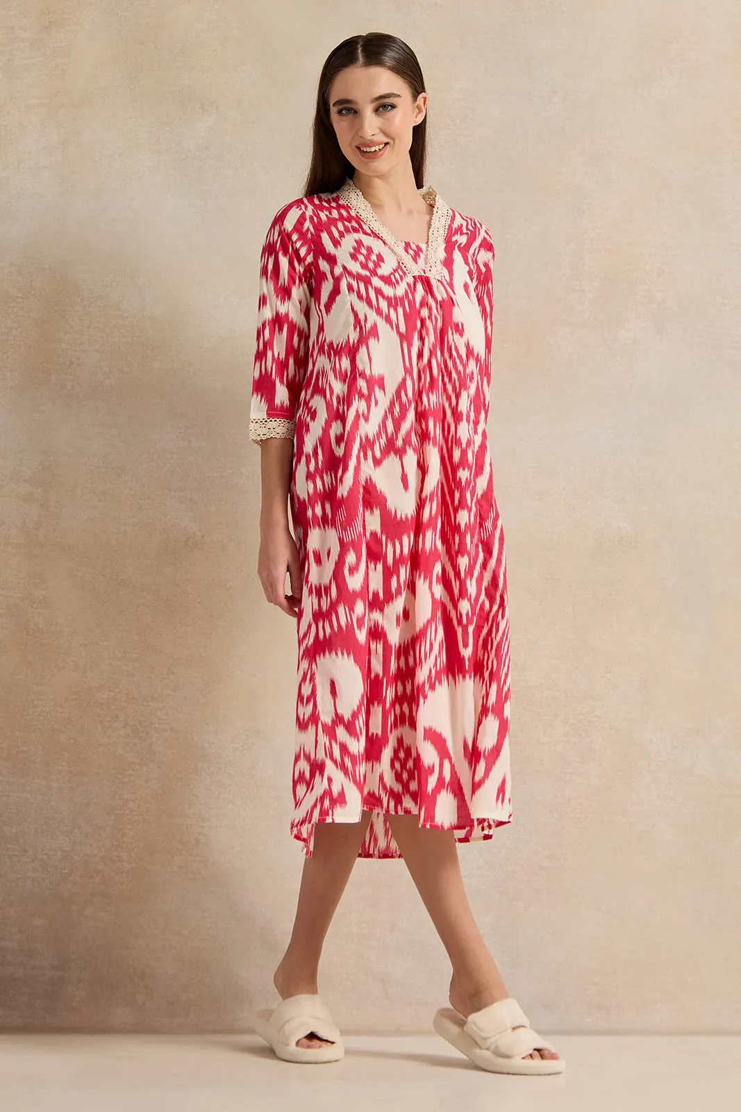 Women Red Abstract Printed Nightgown