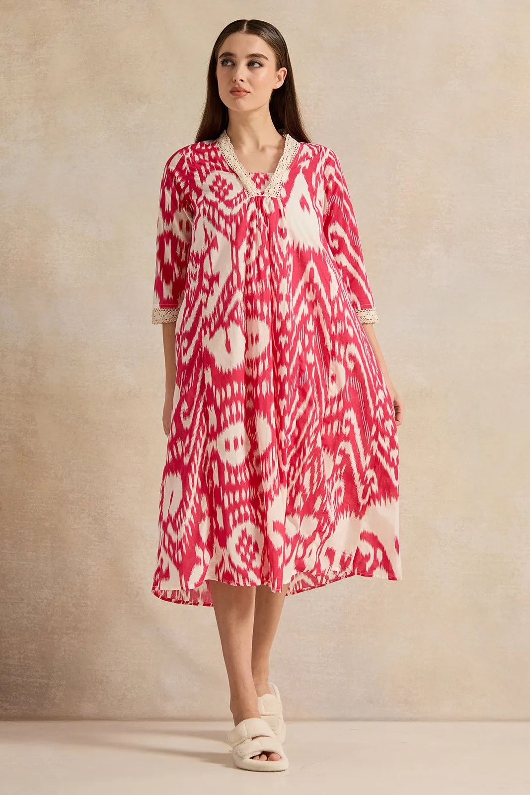 Women Red Abstract Printed Nightgown