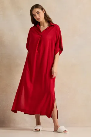 Women Red Plain Kaftan Sleeves Nightgown