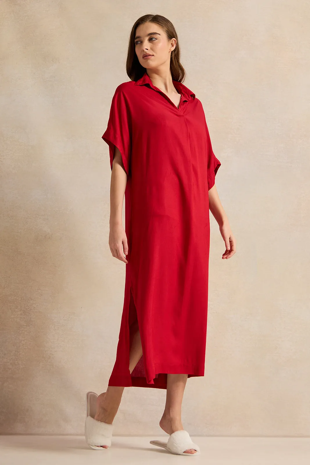 Women Red Plain Kaftan Sleeves Nightgown